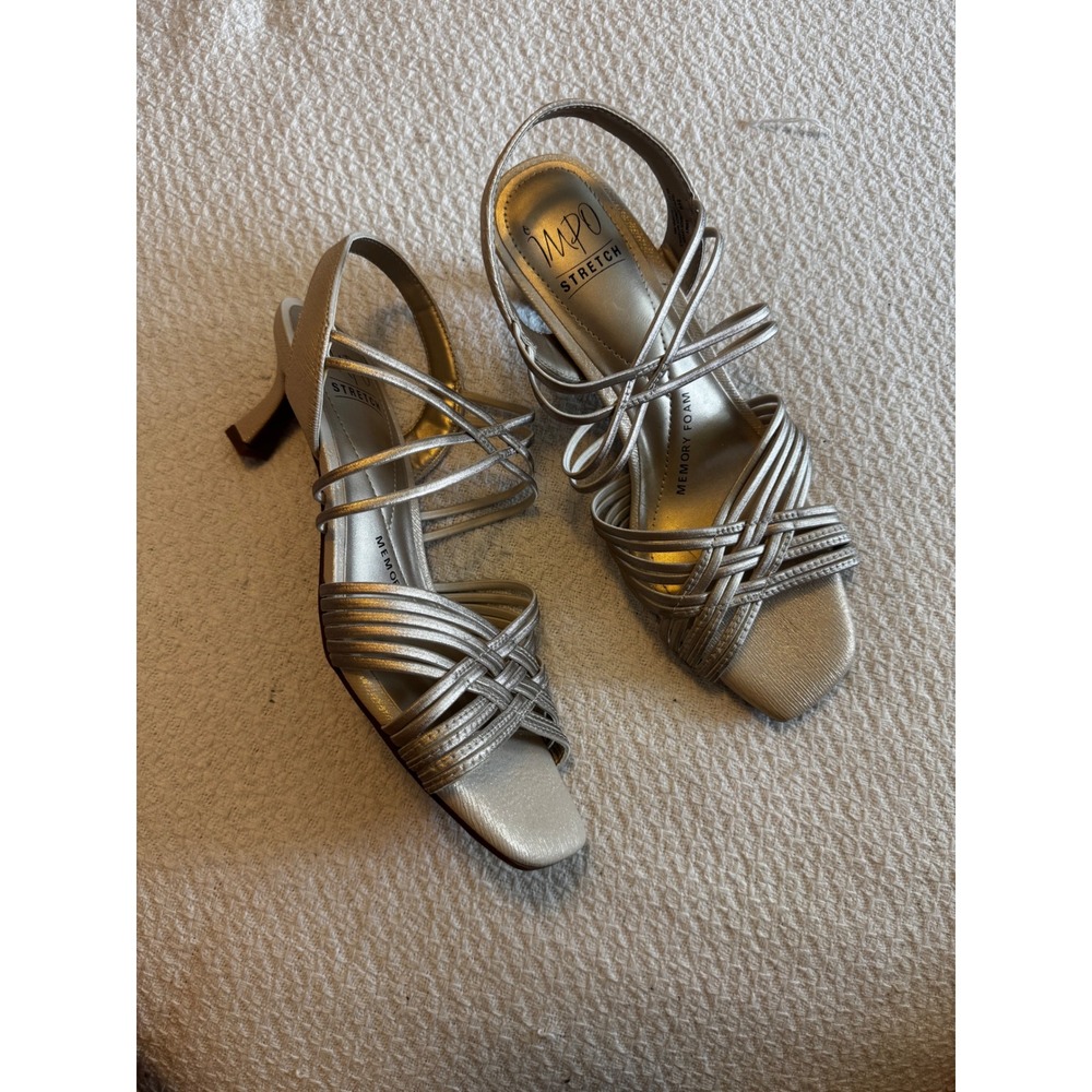 Impo Emmy Stretch Metallic Champagne Gold Strappy Kitten Heel Sandals Size 8.5M